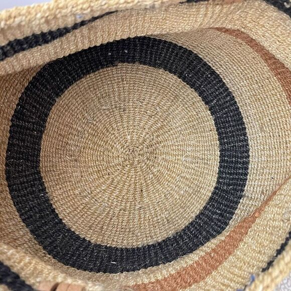 Vintage Handmade‎ Sisal Woven Leather Strap Market Tote Round Bag Tan Black - Picture 9 of 10